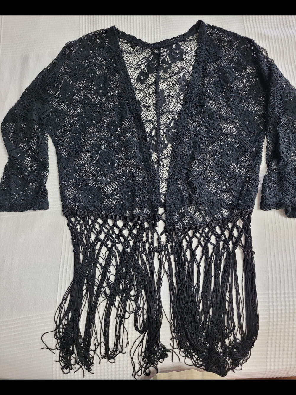 Festival / Boho Black Lace Fringe Open Front Cardigan  Small